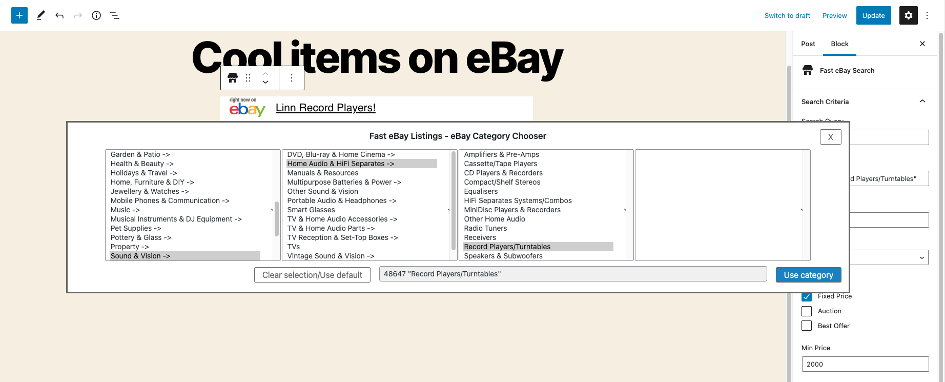 eBay WordPress Plugin Fast eBay Listings - category chooser